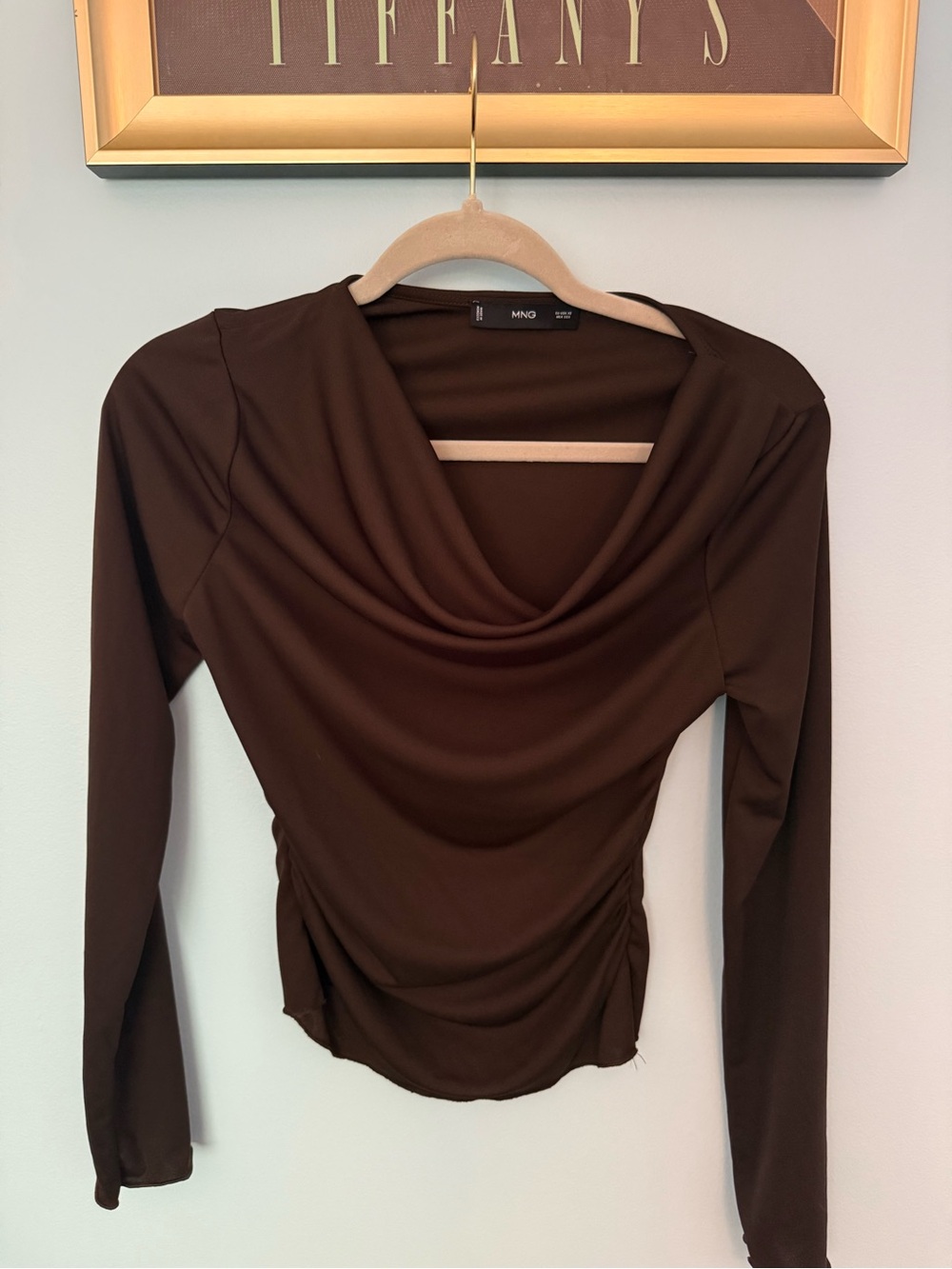 MNG Brown Long-Sleeve Draped Cowl Neck Top